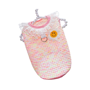 Pink and yellow knit pet vest with lace collar, sunflower patch, and D-ring harness