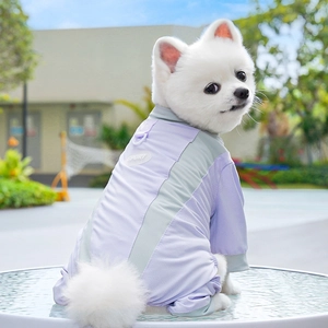 Détail de la combinaison de sport violette pour chien avec anneau en D et logo SPORT