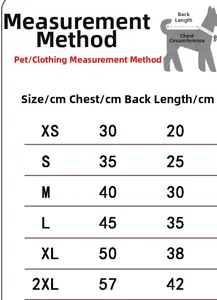 Tabella taglie con misure torace e lunghezza schiena per abbigliamento animali