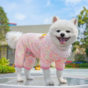 Detail of pet knit romper with pink and yellow texture and delicate lace collar