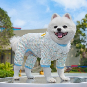 Detail of waffle knit pet jumpsuit with yellow sunflower and lace collar for small dogs