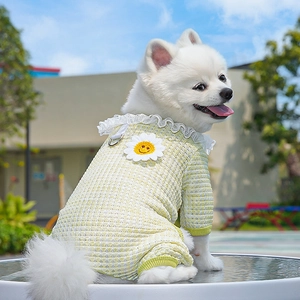 Close-up of yellow waffle knit pet onesie with lace collar and daisy embroidery