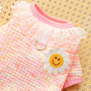 Close-up of pink knitted pet clothes with white lace collar and embroidered daisy detail