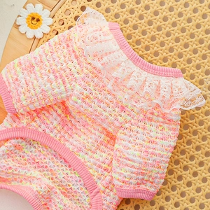 Detail of pink knitted pet garment with lace ruffle collar and elastic ribbed cuffs