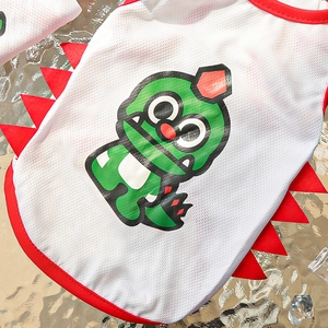 Detail of breathable white mesh pet vest with cartoon dinosaur print and red dragon spines