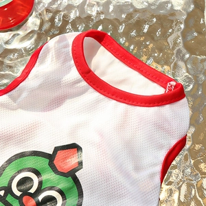 Detail of breathable mesh pet vest featuring a cartoon character and red neckline