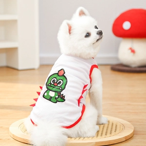 Breathable mesh pet vest for dogs and cats with cartoon dinosaur print and red trim