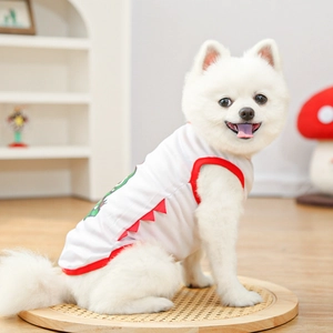 Detail of breathable white mesh pet vest with red trim and cartoon dinosaur print