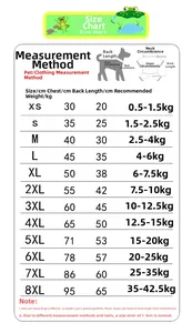 Size chart showing chest and back length measurements for rainbow pet clothes