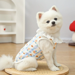 Detail of dog vest featuring cotton plaid pattern, bear print and white lace collar