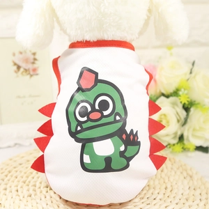 Breathable white mesh pet vest with green dinosaur pattern and red trim for dogs and cats