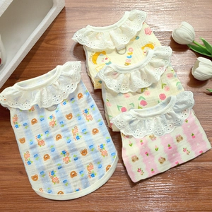 Breathable cotton pet vests with lace trim and D-ring, shown in three colorful patterns