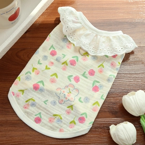Detail of floral pet vest featuring lace collar and metal D-ring for leash attachment