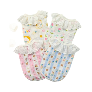 Four breathable cotton pet vests with lace trim and D-ring harness for small dogs and cats