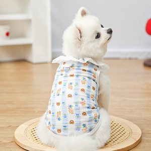 Detail of blue striped cotton pet vest featuring bear prints and lace collar with D-ring