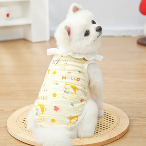 Close-up of yellow pet vest with lace collar, duck print, and metal D-ring for leash