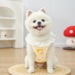 Close-up of breathable cotton pet vest with lace collar and cute duck print for dogs