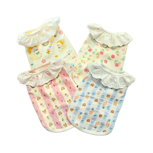 Breathable cotton pet vest 4-pack with lace collars and D-ring harness for small dogs and cats