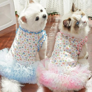 Floral pet summer dress with mesh tutu and D-ring harness for cats and dogs
