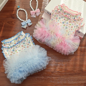 Detailed view of floral pet dresses with ruffled collars and pearl bow necklaces