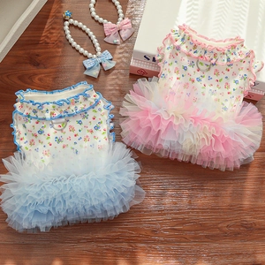 Floral pet summer dress set with lace trim and tulle skirts plus pearl necklaces