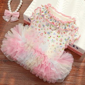 Detail of floral pet dress with pink ruffled mesh hem and metal D-ring for leash
