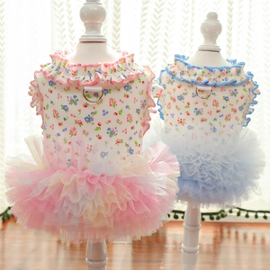 Pet Summer Floral Dress Mesh Tutu Skirt With D-Ring Leash Ring Ruffle Sweet Princess Clothes For Small Dogs Cats