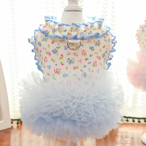 Detail of floral pet dress showing blue mesh tutu skirt and metal D-ring attachment