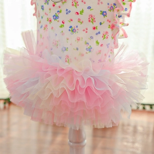Detail of pet floral dress featuring multi-layered rainbow mesh tutu and metal D-ring
