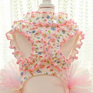 Detail of pet summer floral dress with lace trim and soft mesh tutu skirt for small dogs