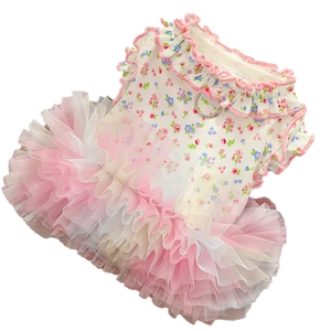 Floral pet summer dress with mesh layers and a metal D-ring for leash attachment