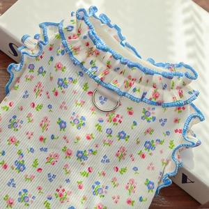 Detail of floral pet vest with blue ruffle trim and a metal D-ring for leash attachment