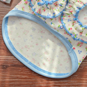 Detailed close-up of floral pet summer dress with blue ruffled edge on wooden background