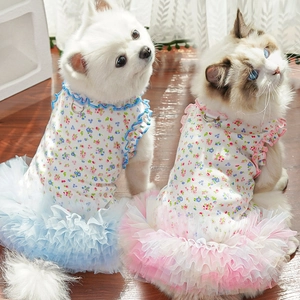 Floral pet dress with ruffled edges and metal D-ring for small dogs and cats
