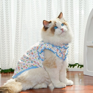 Detail of pet floral vest with blue ruffled edges and breathable ribbed cotton fabric