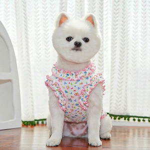 Close-up of floral pet vest with delicate ruffled edges and soft pink hem detailing