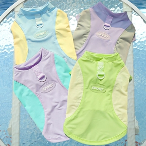 Detail of four colorful breathable mesh pet sport vests with D-ring and SPORT patch