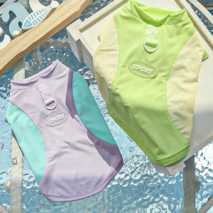 Detail of breathable mesh pet sport vest with D-ring buckle and SPORT logo patch