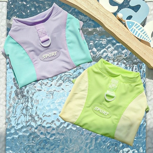 Detail of mesh pet cooling vest showing SPORT label and D-ring on breathable fabric