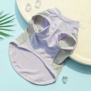 Detail of breathable lavender mesh pet vest with contrast stitching and cooling texture