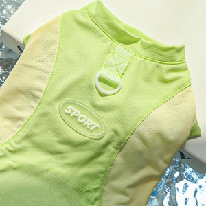 Detail of green pet vest with breathable mesh fabric, D-ring and sport patch