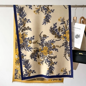 Beige vintage floral pashmina scarf with navy blue border and tassel fringe detail