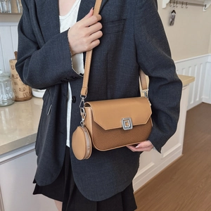 Brown patchwork square crossbody bag for women with round coin purse and metal clasp