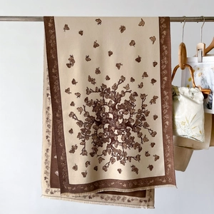 Beige cashmere-like scarf featuring brown tree and butterfly print for women