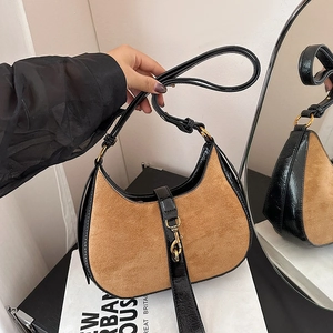 Vintage Suede Leather Patchwork Crescent Hobo Bag Women Underarm Shoulder Crossbody Bag Gold Hook Lock Chic Commuter