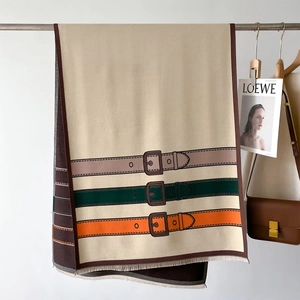 Beige winter scarf with colorful belt buckle patterns and subtle frayed edges