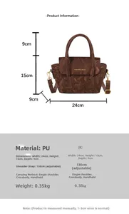 Brown PU handbag dimensions 24x15x9cm with adjustable strap and textured finish