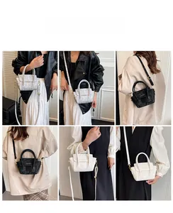Collage of mini quilted tote bags in silver, black and white worn as crossbody bags