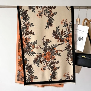 Vintage floral cashmere scarf in beige and orange with black border and fringe detail
