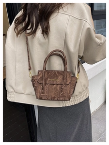 Close-up of brown pleated texture handbag with gold buckles and fashion lettering